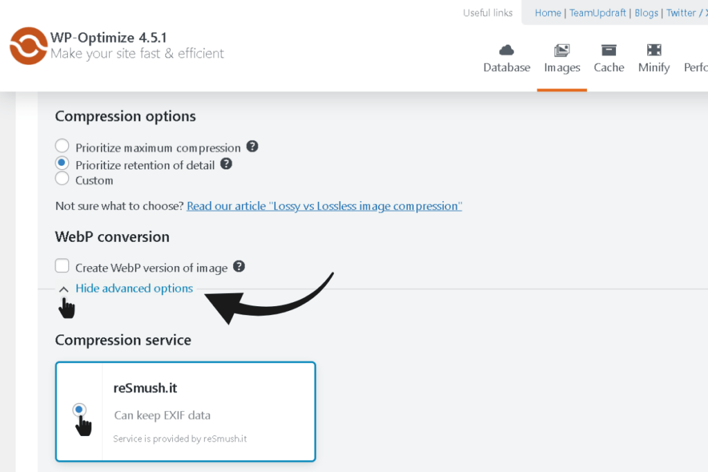 WP-Optimize image settings dashboard with advanced options expanded showing the reSmush.it compression service selected for free unlimited image optimization.