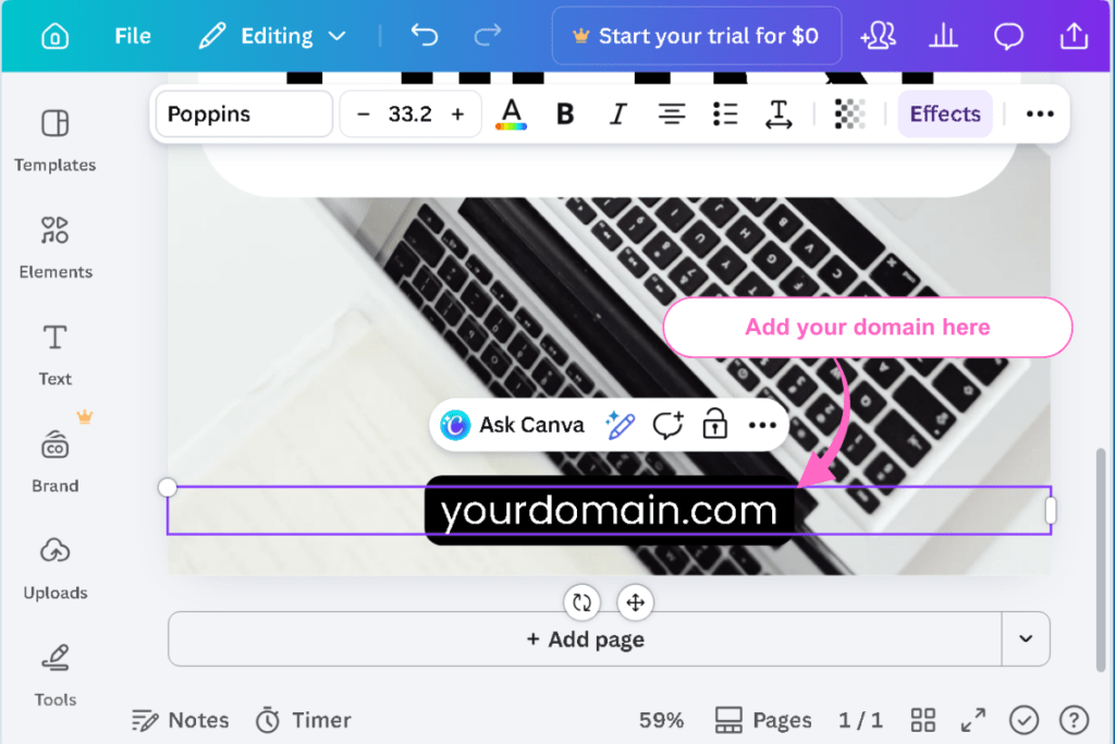 Bottom section of a Pinterest pin design showing a selected text box with the blog domain placed at the bottom and an arrow indicating where to add your website URL for branding.
