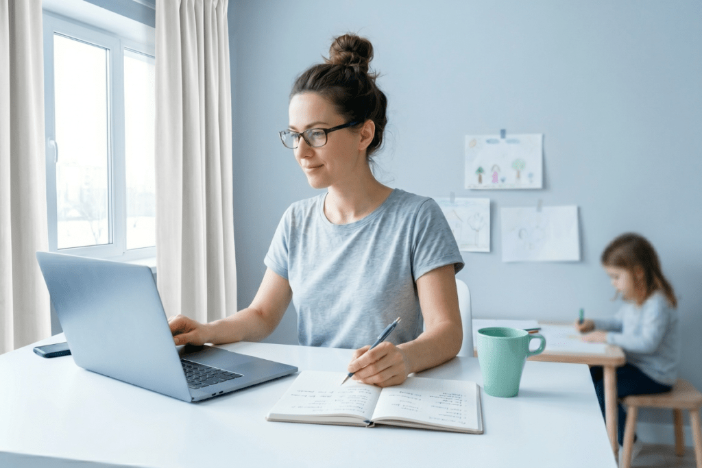 A woman at a bright workspace brainstorming Pinterest bio ideas on her laptop with notes and colorful elements around her