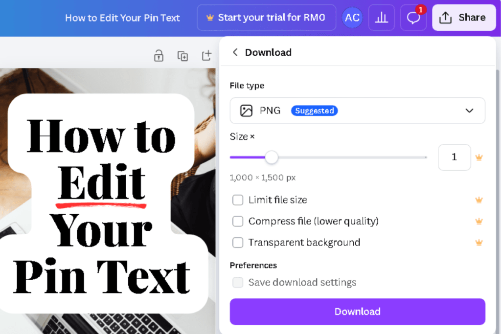 Close-up of the Canva Share menu with the Download option selected and PNG format highlighted.