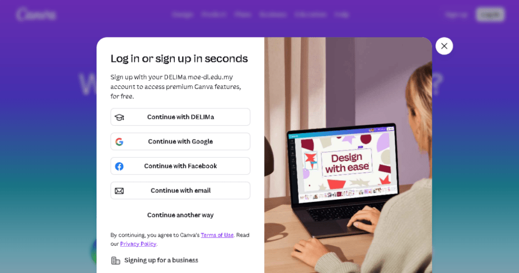 Canva homepage screenshot with a red arrow pointing to the Sign up for free button in the top right corner