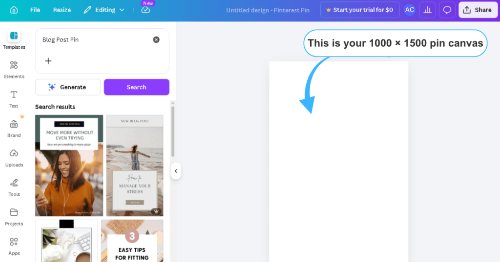 Canva Pinterest Pin workspace showing a blank 1000 by 1500 canvas with the Templates panel open on the left and Blog Post Pin templates displayed for selection.