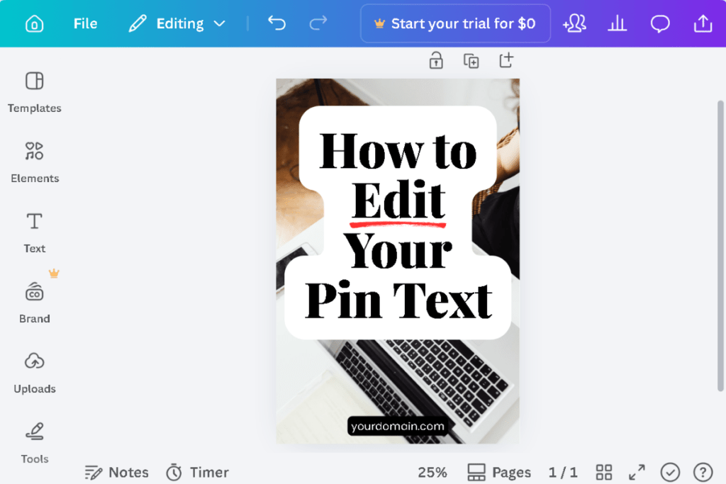 Close-up of the Canva text editing toolbar showing font size, color options, and contrast settings while editing a Pinterest pin headline.