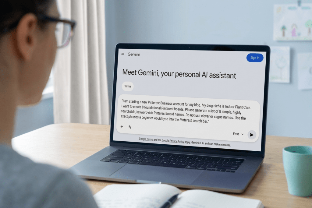 A clean mockup of a Google Gemini chat window showing the Pinterest board‑ generation prompt for the Indoor Plant Care niche, demonstrating how to paste the prompt into Gemini to generate keyword-‑rich board ideas.