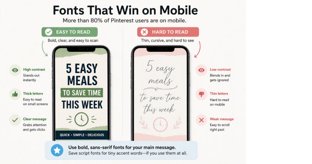 Comparison showing a bold easy-to-read font next to a thin cursive font that is hard to read on a mobile phone mockup