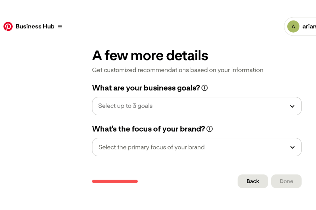 Pinterest setup screen titled A few more details with options to select business goals and brand focus