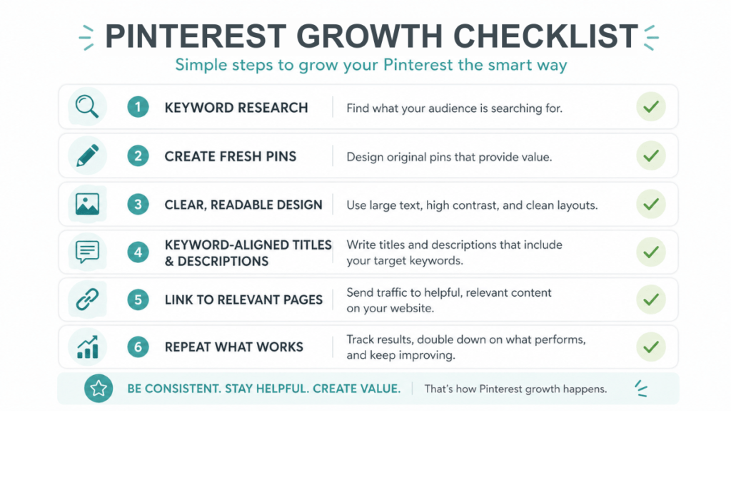 A clean checklist graphic showing simple Pinterest growth steps like keywords, fresh pins, and clear design