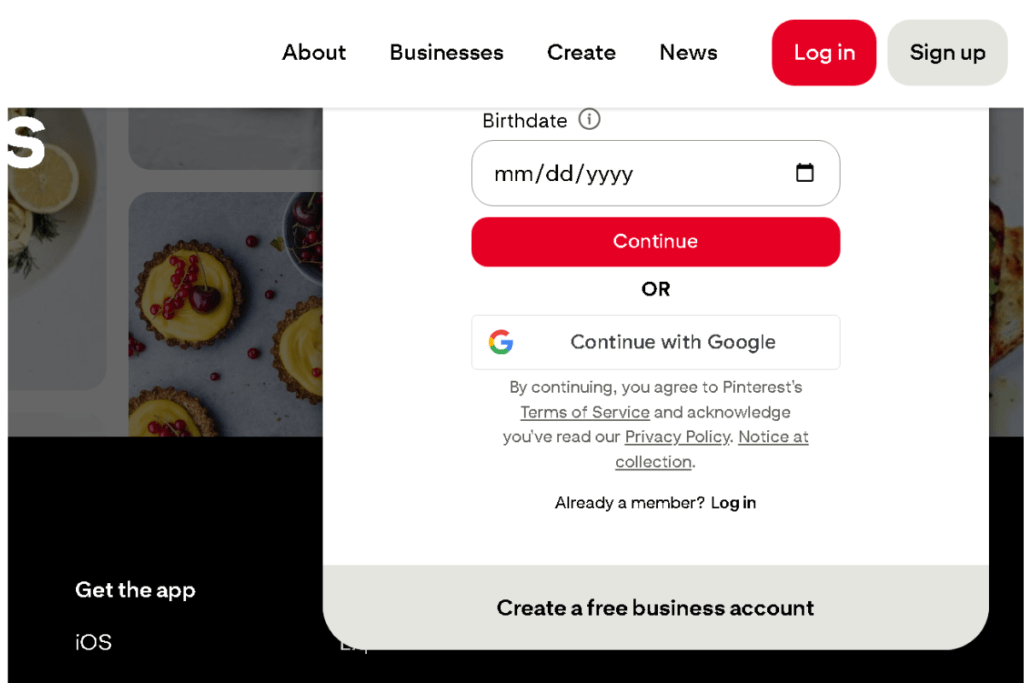Pinterest homepage signup screen with an arrow pointing to the create a free business account button