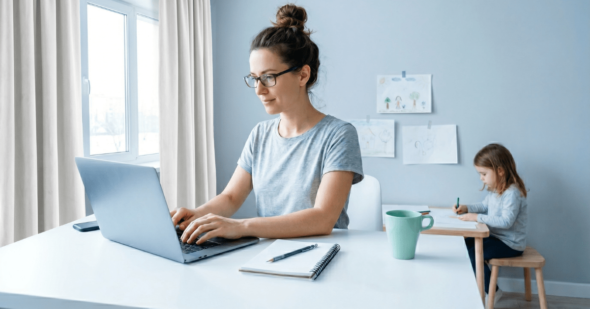 A trustworthy visual guide showing a woman wearing glasses working comfortably at her laptop in a bright, relatable home office while her child colors nearby, establishing a visual marketing presence.