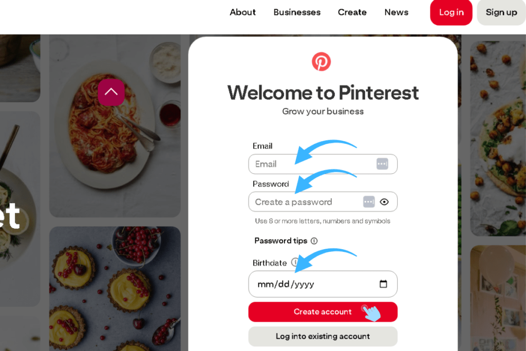 Pinterest account creation screen showing email and password fields