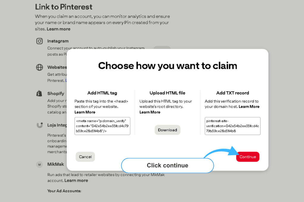 Pinterest verification pop‑up showing the Add HTML tag option with the domain verification meta tag, plus the Continue button highlighted