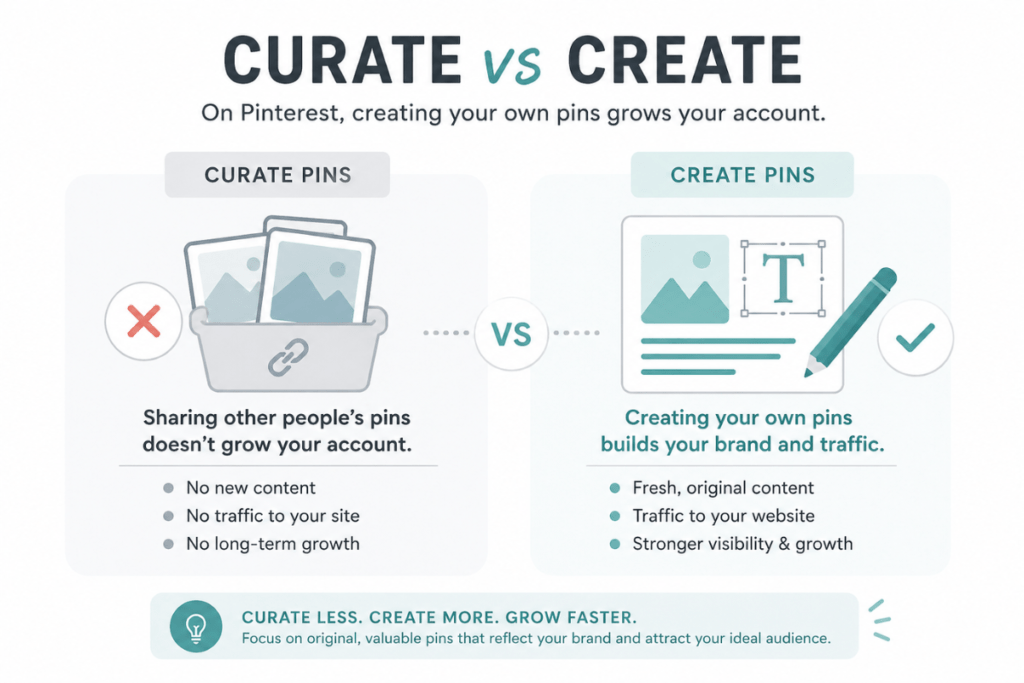 Conceptual illustration showing ‘curate pins’ crossed out and ‘create pins’ highlighted to teach that Pinterest growth comes from creating fresh content.