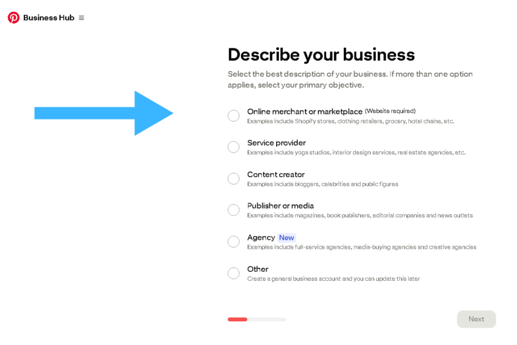 Pinterest Business setup screen showing the Describe your business options including online merchant, service provider, content creator, publisher, agency, and other