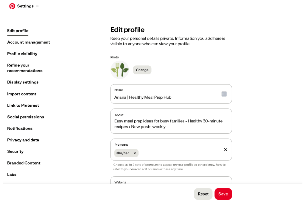 Pinterest Edit Profile screen showing the Name field where users can enter a keyword‑optimized display name