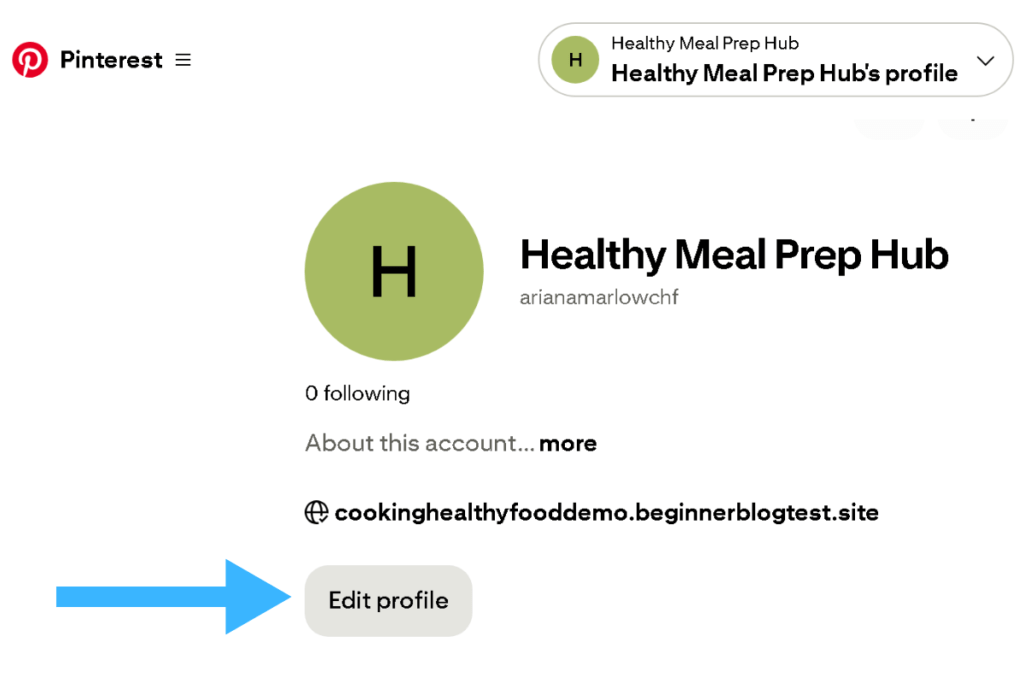 Pinterest profile page showing the Edit Profile button highlighted with an arrow