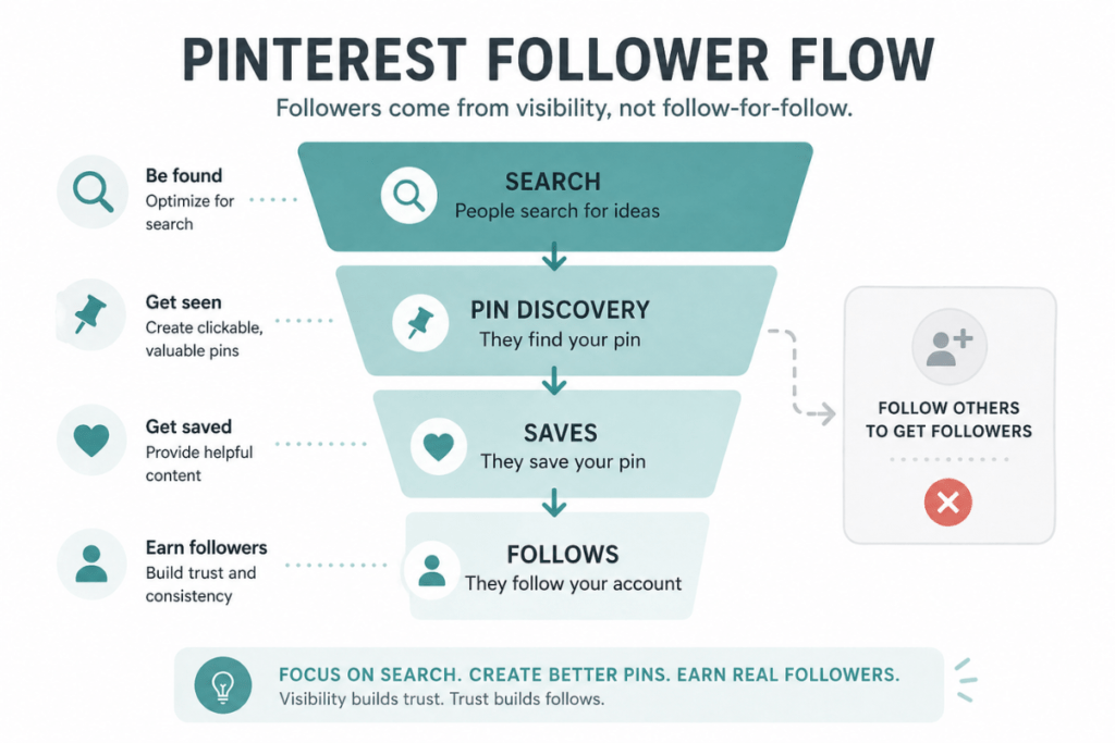 Diagram showing that Pinterest followers come from search visibility, not follow‑for‑follow behavior