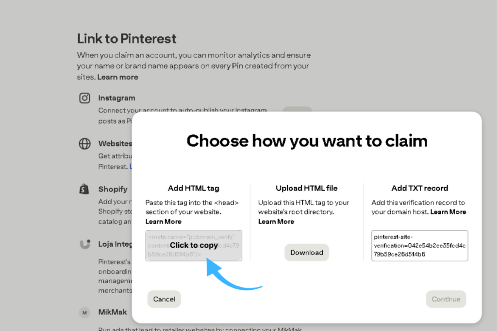 Pinterest pop‑up window displaying the Add HTML tag option with the meta tag code for website verification