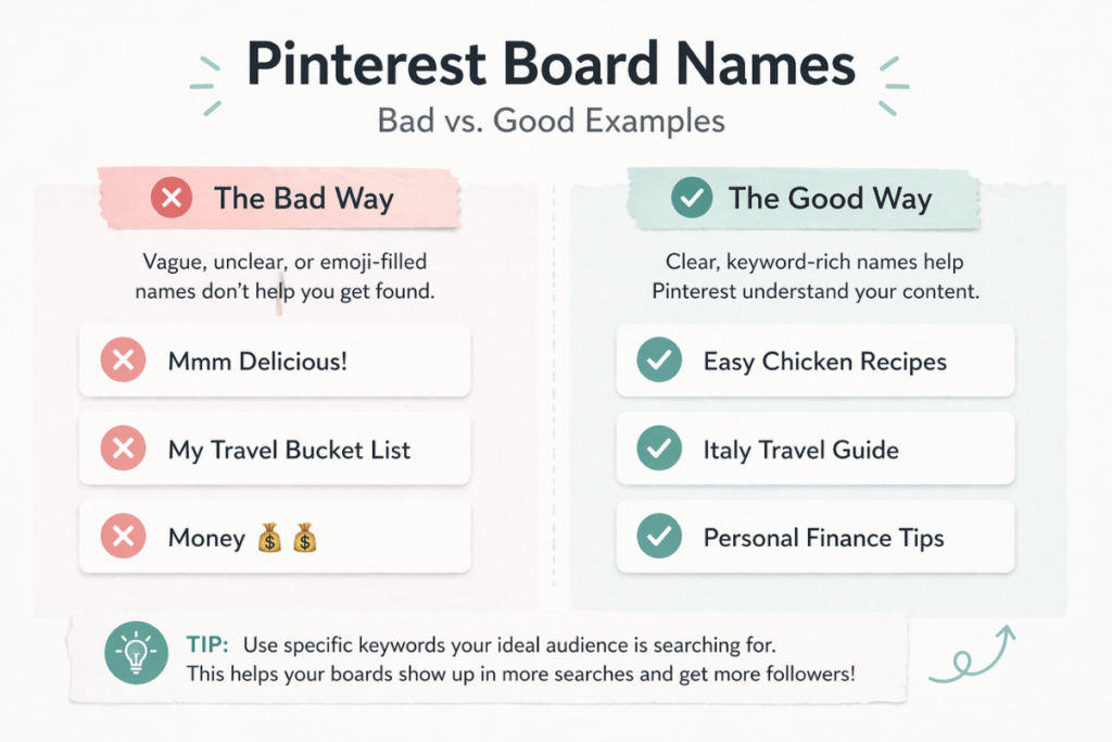 A clean side-by-side comparison graphic showing vague Pinterest board names labeled “The Bad Way” versus clear, keyword-rich board names labeled “The Good Way,” illustrating how descriptive names help Pinterest understand your content.