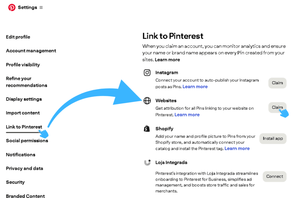 Pinterest Settings page showing the Link to Pinterest menu item highlighted in the left sidebar