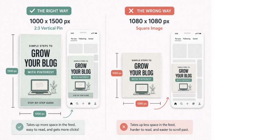 Side-by-side diagram showing the correct 1000 by 1500 pixel vertical pin compared to a square image that gets lost in the feed