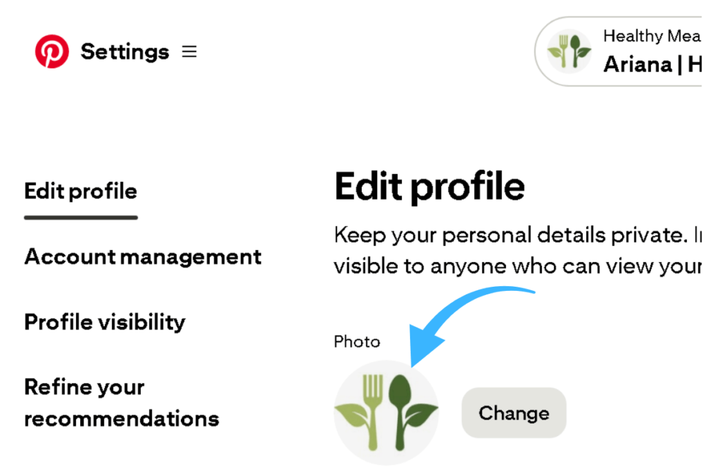 Pinterest  Edit  Profile  screen showing the Photo  section with a  Change  button for uploading a  profile  photo or  blog  logo