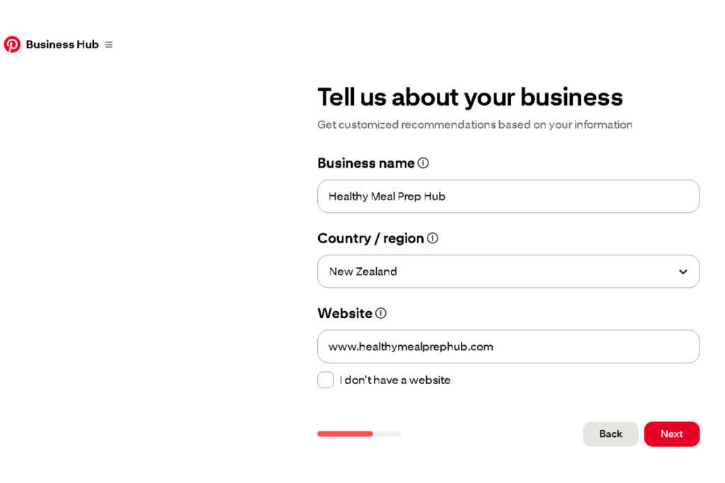 Pinterest setup screen titled Tell us about your business with fields for business name, country or region, and website URL