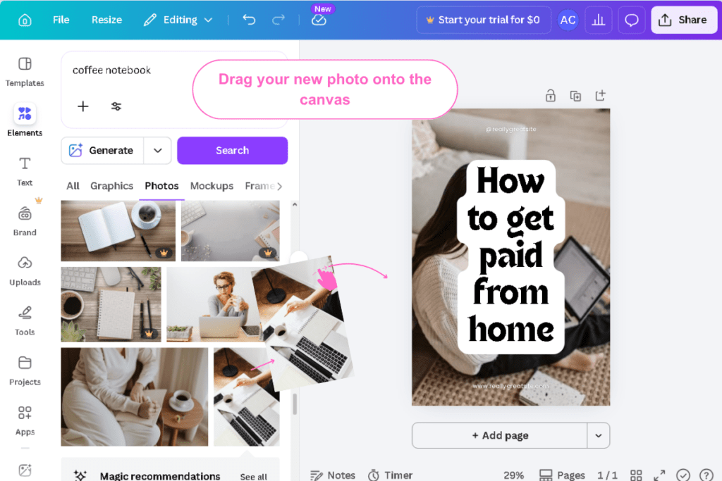 Canva Pinterest Pin template showing the original background photo still in place, the Elements tab open with photo search results, and an arrow indicating how to drag a new image onto the canvas to replace the background.
