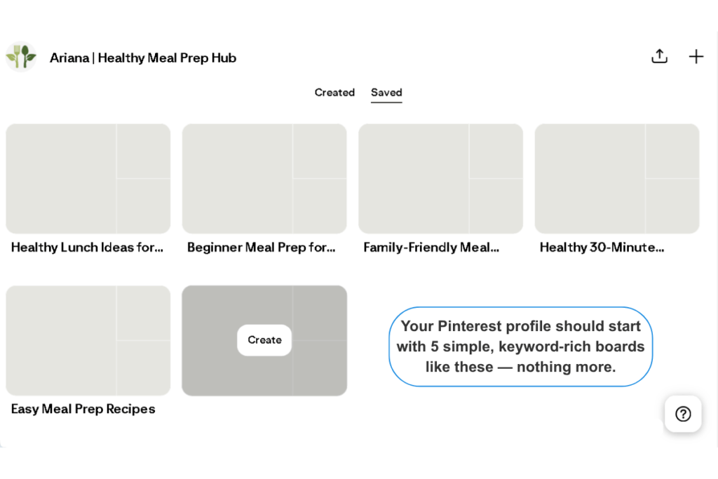 A clean Pinterest Business profile showing five newly created, keyword‑rich boards under the “Saved” tab, with an instructional note saying “Your Pinterest profile should start with 5 simple, keyword‑rich boards like these — nothing more.”