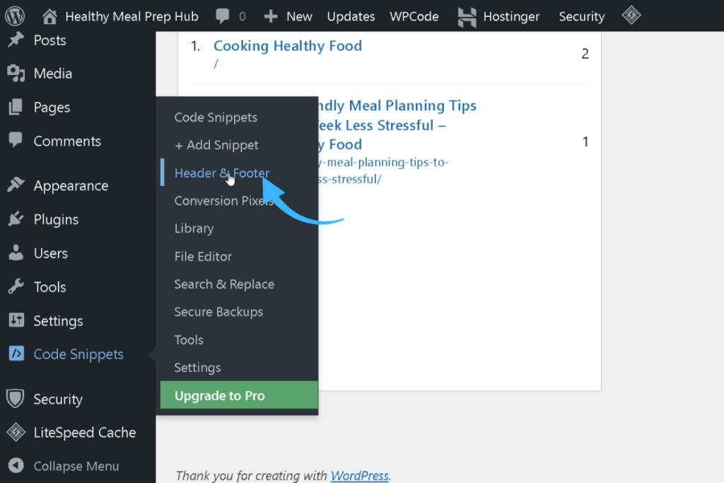 WordPress dashboard showing the Code Snippets menu expanded with the Header & Footer option highlighted
