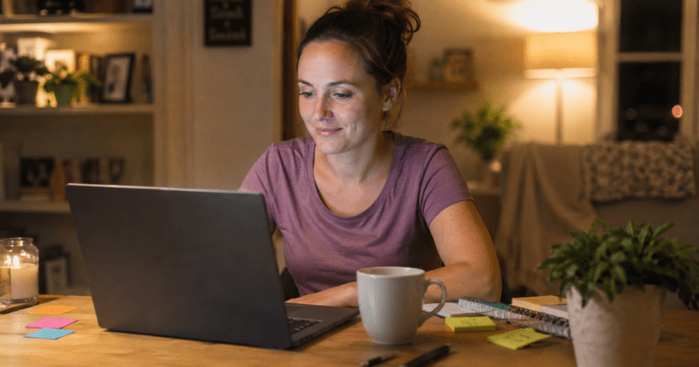 Beginner blogger at a cozy desk with a warm coffee, smiling while scheduling Pinterest pins on a laptop