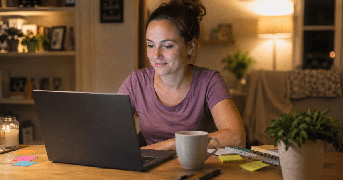Beginner blogger at a cozy desk with a warm coffee, smiling while scheduling Pinterest pins on a laptop