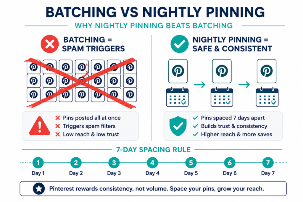 Infographic comparing batching vs nightly Pinterest pinning, showing why batching triggers spam filters and how the 7‑Day Spacing Rule improves reach.