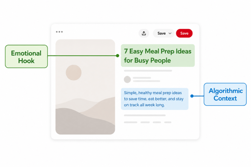 Annotated screenshot of a published Pinterest pin showing the pin title highlighted in green as the 'Emotional Hook' and the pin description highlighted in blue as the 'Algorithmic Context