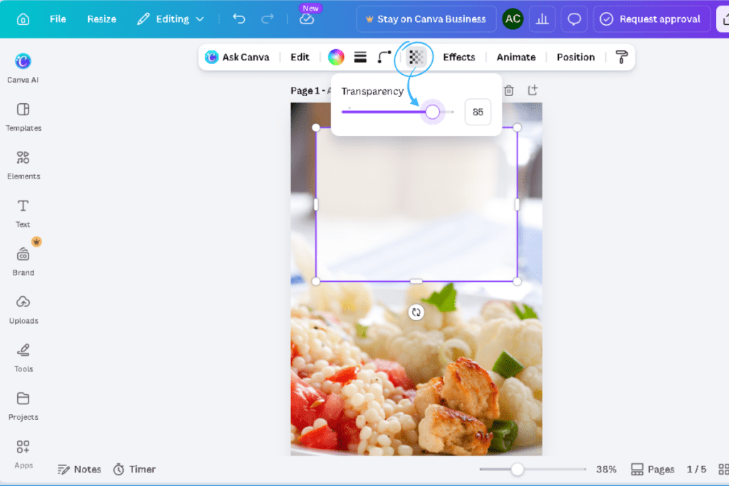 Screenshot showing the transparency slider in Canva set to 85 percent