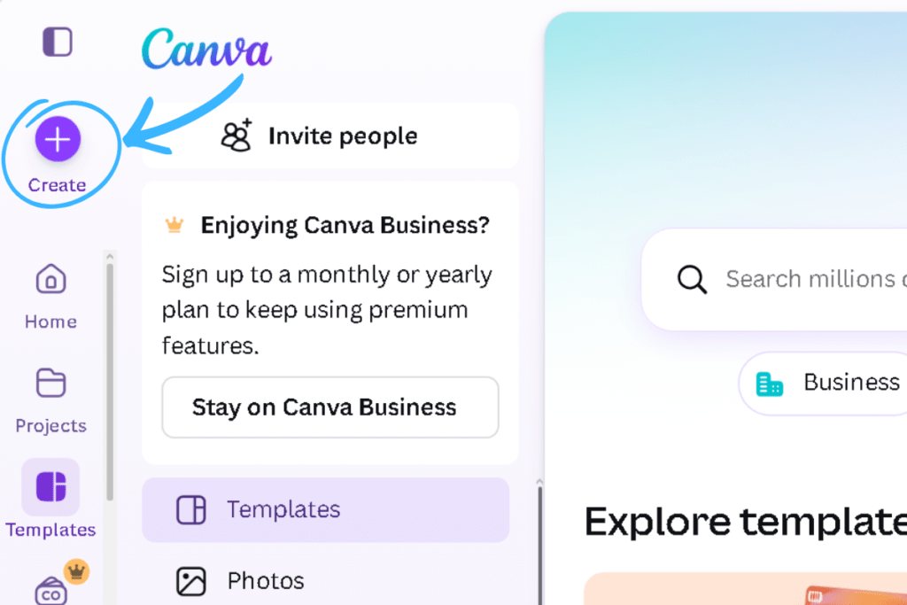 Screenshot of the Canva homepage displaying the modern interface with the Create button in the top-left corner, guiding beginners to start a new design.