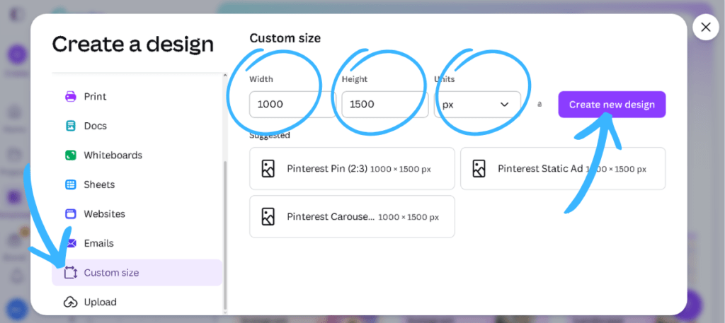 Screenshot of the Canva interface showing the Custom size panel with 1000x1500 entered