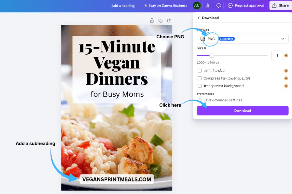 Screenshot of the Canva share and download menu saving a PNG file