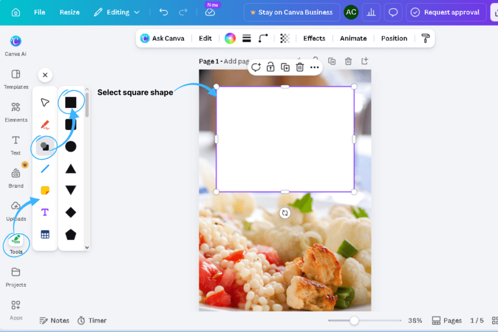 Screenshot showing a square shape placed over an image