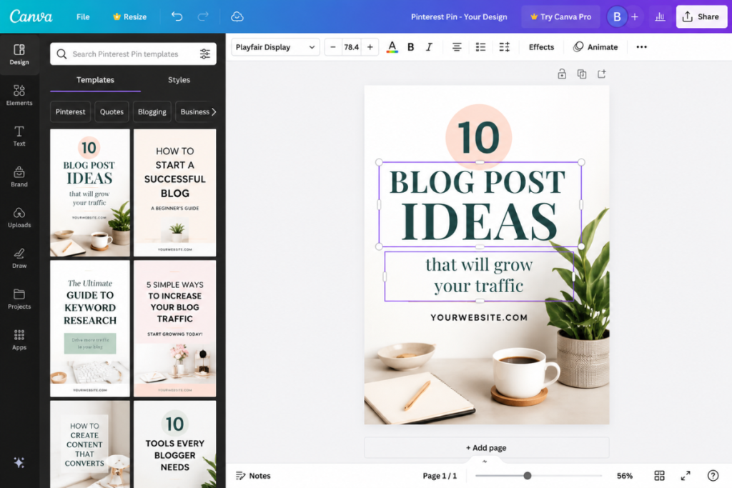 Screenshot-style mockup of the Canva editor showing a Pinterest pin template being edited with text and image elements