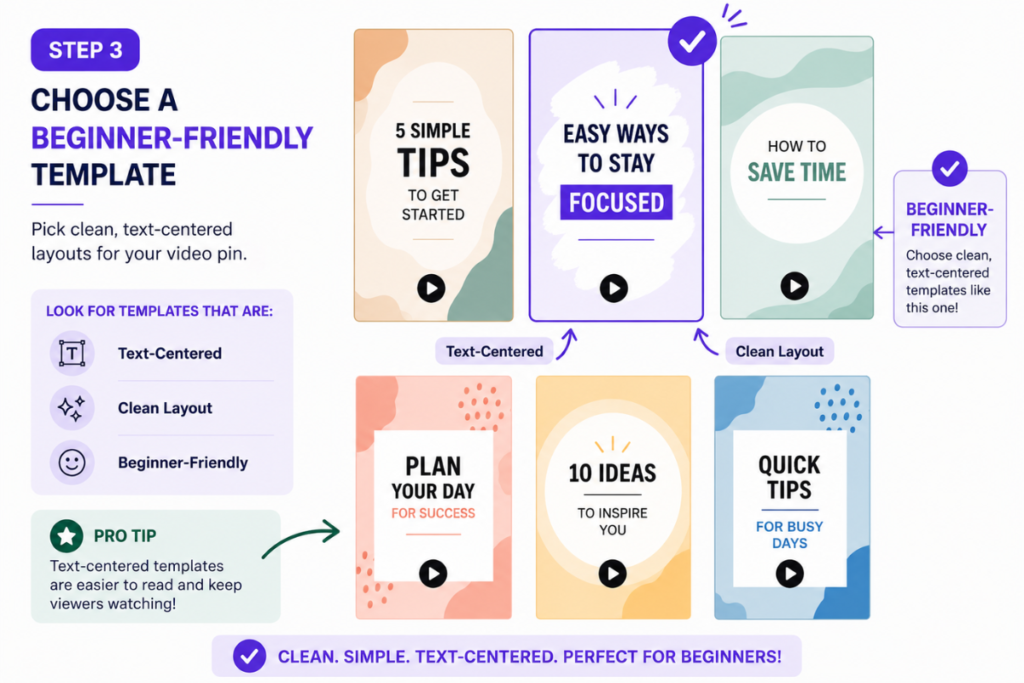 collage of beginner friendly vertical video pin templates in canva with arrows pointing to text overlays