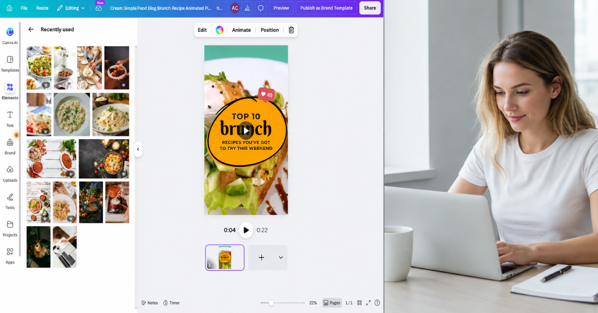 canva video editing interface on the left and a smiling blogger working at a lived‑in desk with coffee on the right