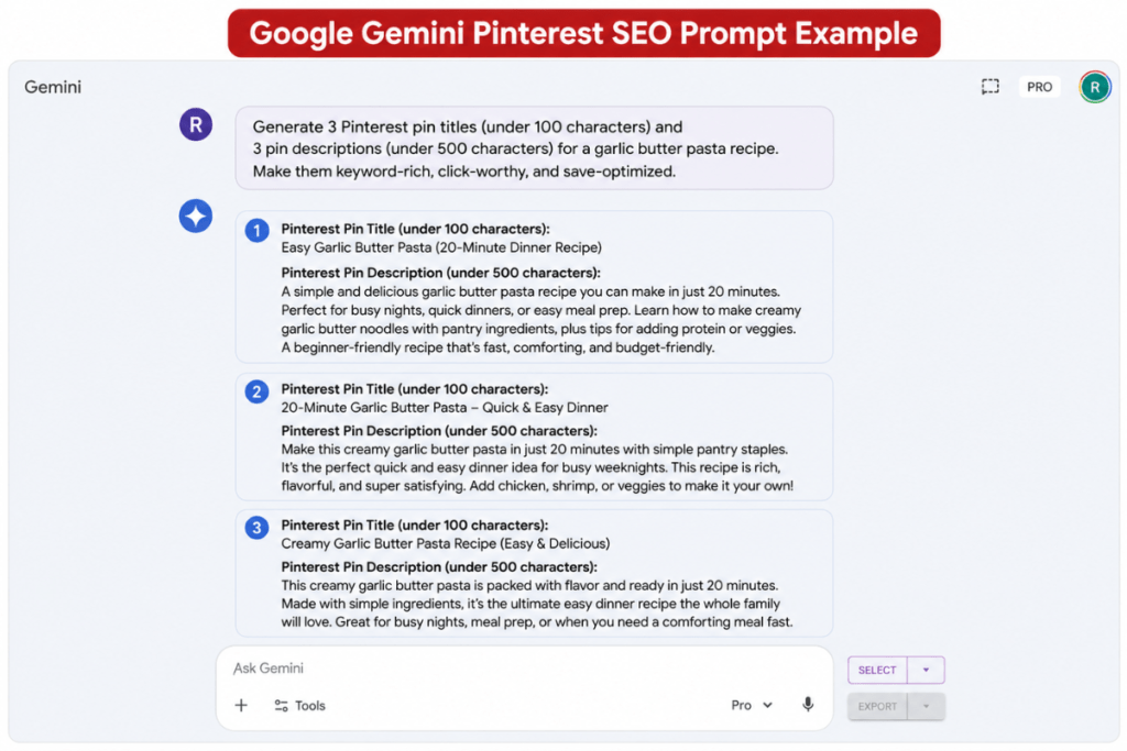 Screenshot of a Google Gemini chat interface showing the provided prompt and Gemini outputting three clean, hashtag-free Pinterest title and description variations