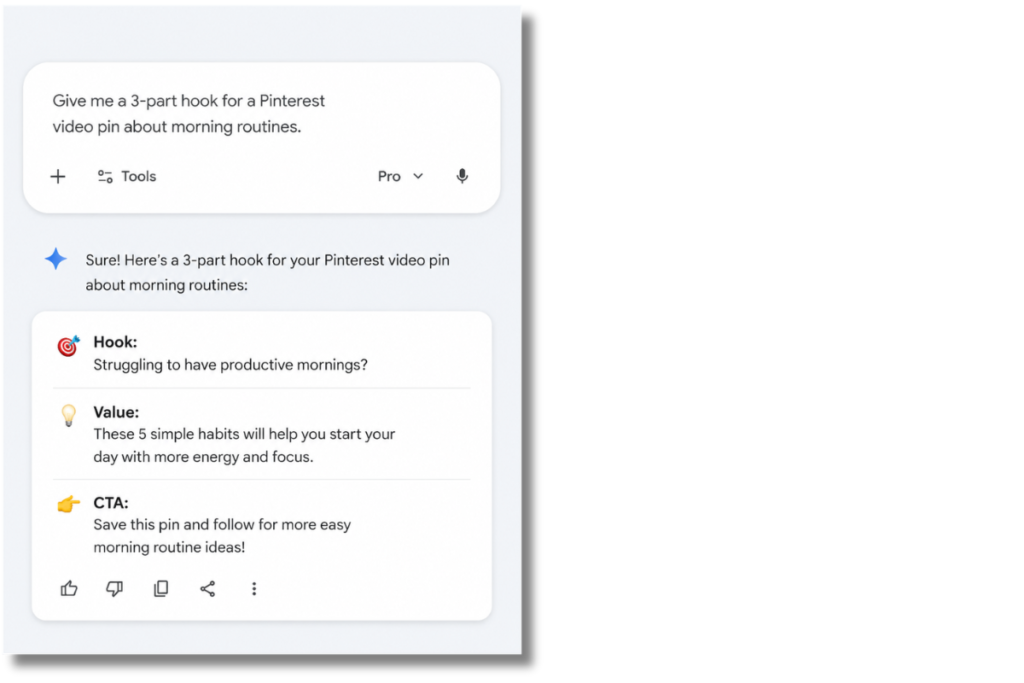 close up of google gemini interface showing simple 3 part text hook ideas for a video pin