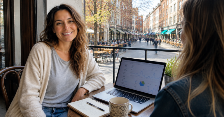 A visual representation of gaining clarity and confidence with Pinterest analytics in a relaxed outdoor setting that supports beginner bloggers.