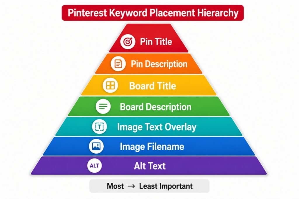 Collage diagram showing a top-to-bottom pyramid of the Pinterest Keyword Placement Hierarchy, starting with Pin Titles at the peak and ending with Alt Text at the base