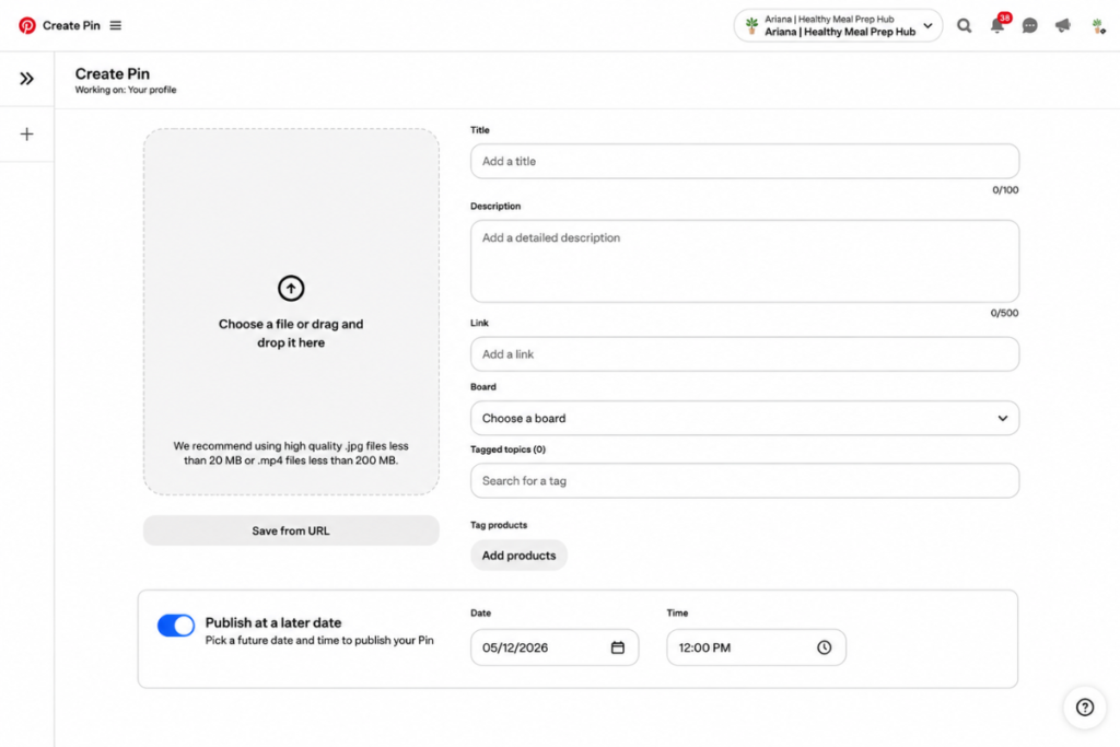 Screenshot-style mockup of the Pinterest Create Pin interface showing upload, title, description, link, board, and scheduling fields.