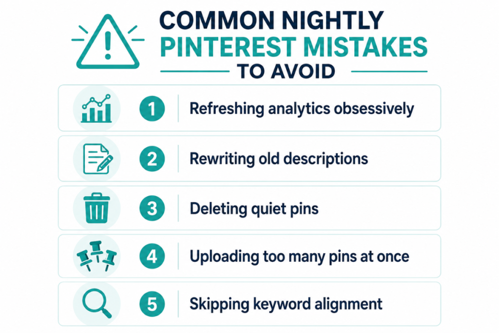 Infographic listing common nightly Pinterest mistakes to avoid, including analytics refreshing, rewriting descriptions, deleting pins, over‑uploading, and skipping keyword alignment.