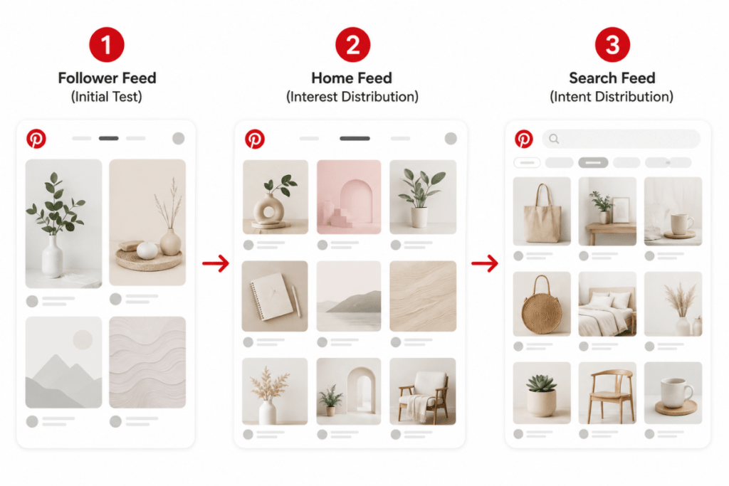 Collage showing a three-step diagram of how a Pinterest pin travels from the Follower Feed to the Home Feed and finally to the Search Feed, with simple text callouts explaining each phase.