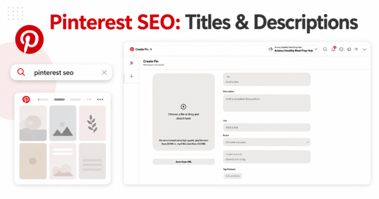 Clean collage showing a Pinterest search bar, a small pin grid, and the Pinterest Create Pin interface screenshot highlighting the title and description fields