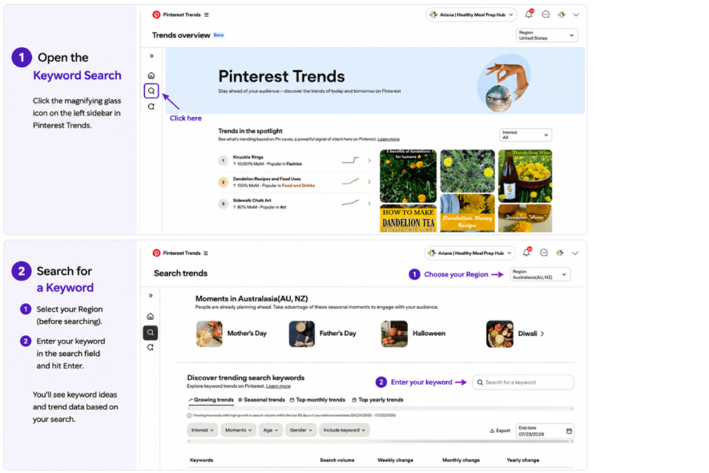 Close‑up screenshot of the Pinterest Trends dashboard showing the magnifying glass icon on the left sidebar highlighted with an arrow, indicating where users must click to open the keyword search field.
